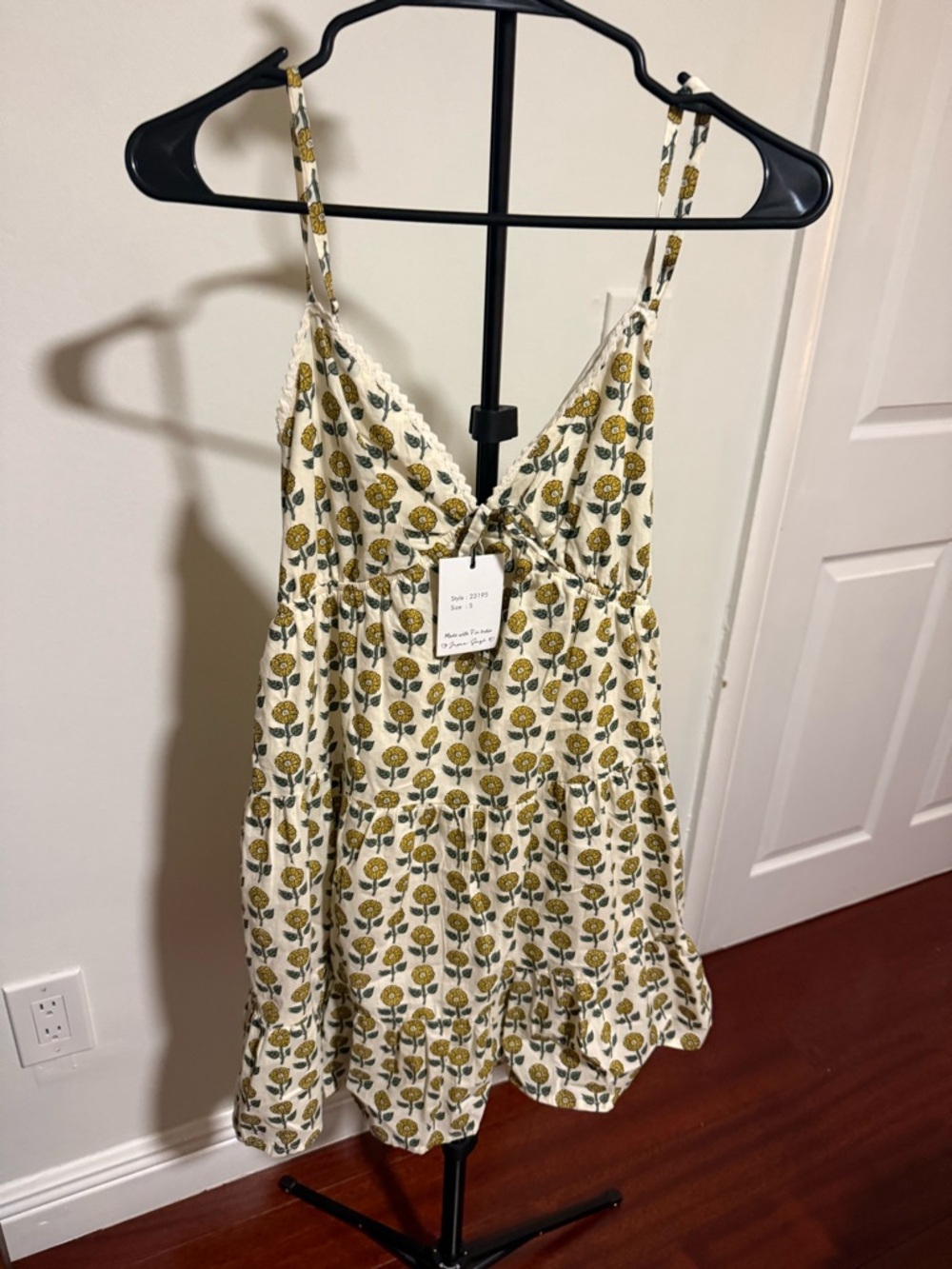Japna White and Mustard Floral Spaghetti-Strap Mini Dress